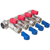 Metal/plastic pipe manifold with shut-off valves 4 outlets x 3/4" x 16 mm MPF