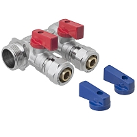 Metal/plastic pipe manifold with shut-off valves 2 outlets x 3/4" x 16 mm MPF
