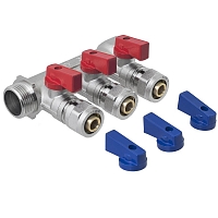 Metal/plastic pipe manifold with shut-off valves 3 outlets x 3/4" x 16 mm MPF